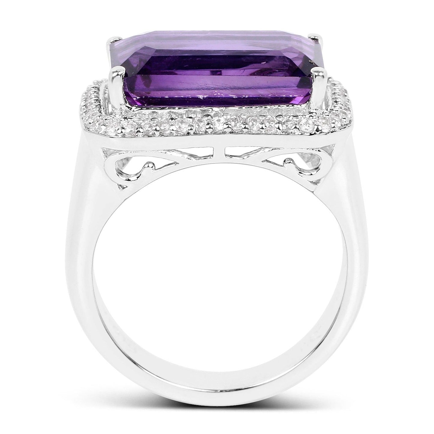 5.51 Ct Octagon Purple Amethyst Prong Rhodium Plated Silver Halo Statement Ring