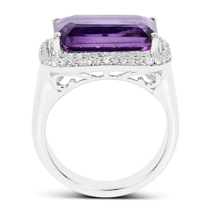 5.51 Ct Octagon Purple Amethyst Prong Rhodium Plated Silver Halo Statement Ring