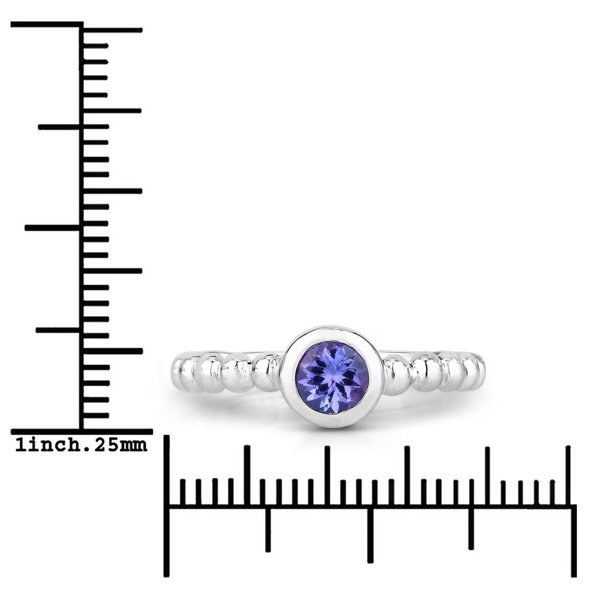 0.47 Cttw Round Violet Tanzanite Bezel Rhodium over Silver Solitaire Beaded Ring