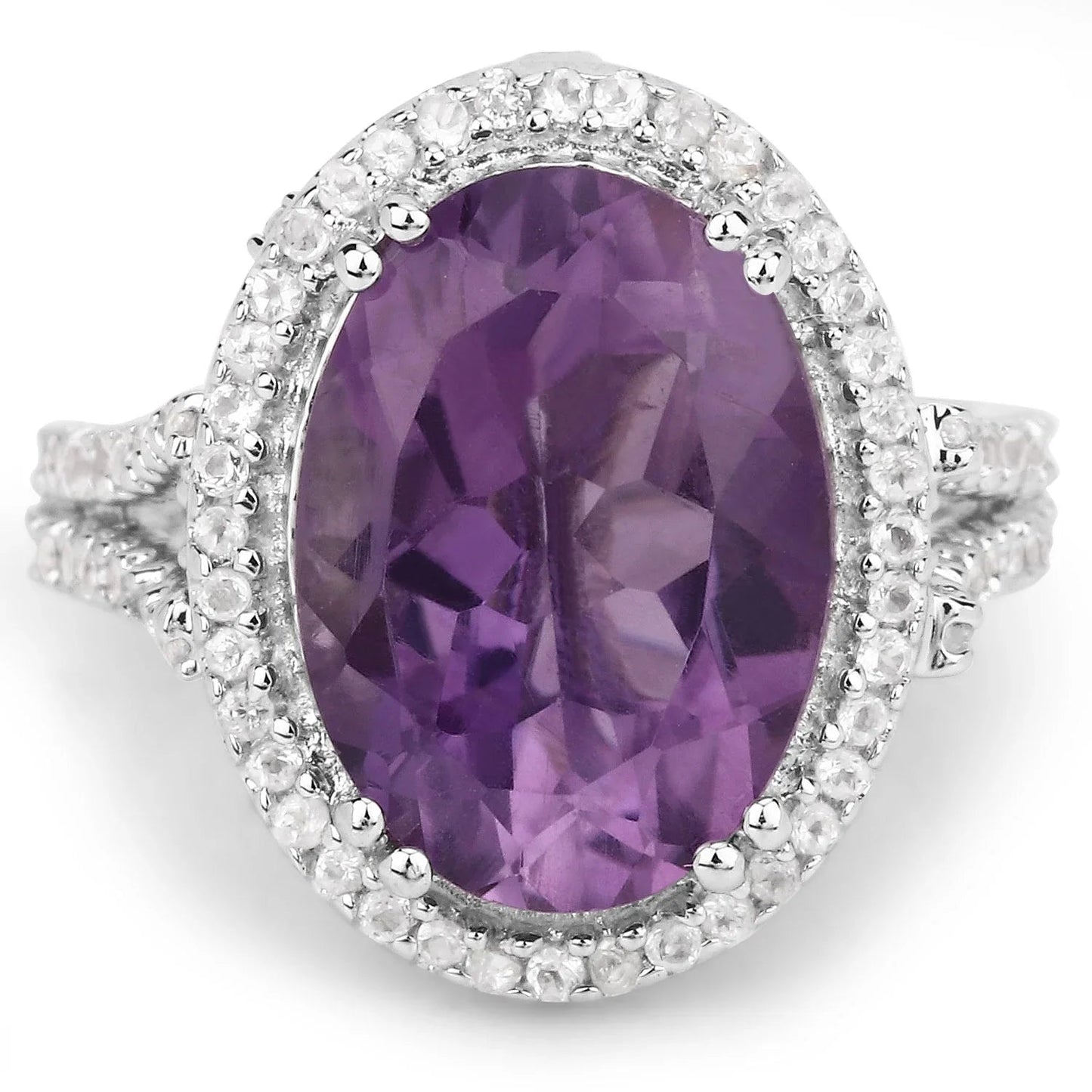 5.55 Ct Oval Purple Amethyst and White Topaz Prong Silver Halo Statement Ring