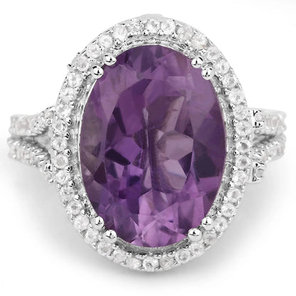 5.55 Ct Oval Purple Amethyst and White Topaz Prong Silver Halo Statement Ring