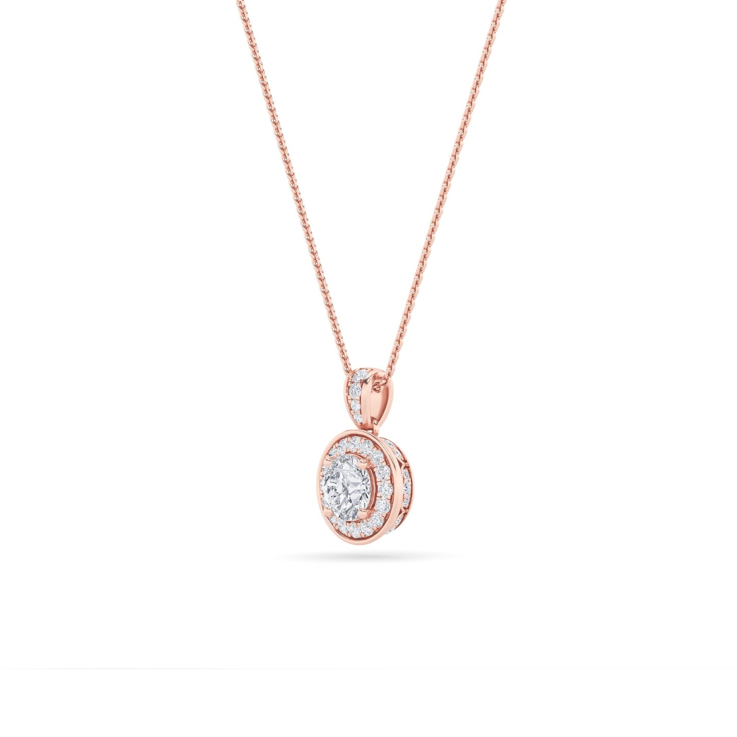0.75 Ct Round (F/VS) Lab Grown Diamond Prong 14K Rose Gold Classic Halo Solitaire Pendant Necklace