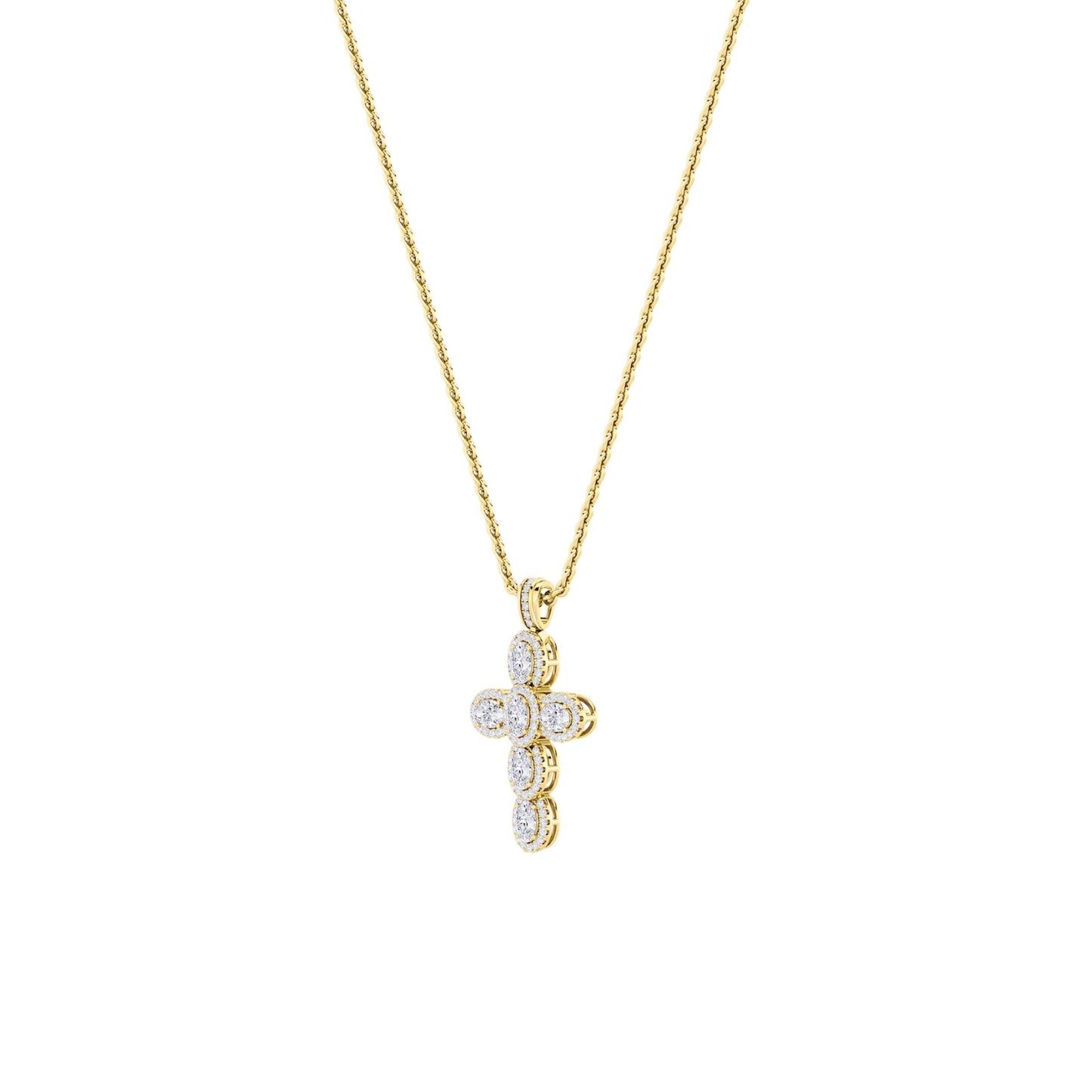 3.0 Ct Oval (F/VS) Lab Grown Diamond Prong 14K Yellow Gold Fancy Halo Cross Pendant Necklace