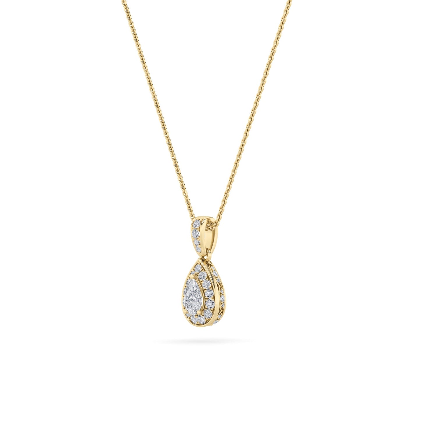 1.25 Ct Pear (F/VS) Lab Grown Diamond Prong 14K Yellow Gold Classic Halo Solitaire Pendant Necklace