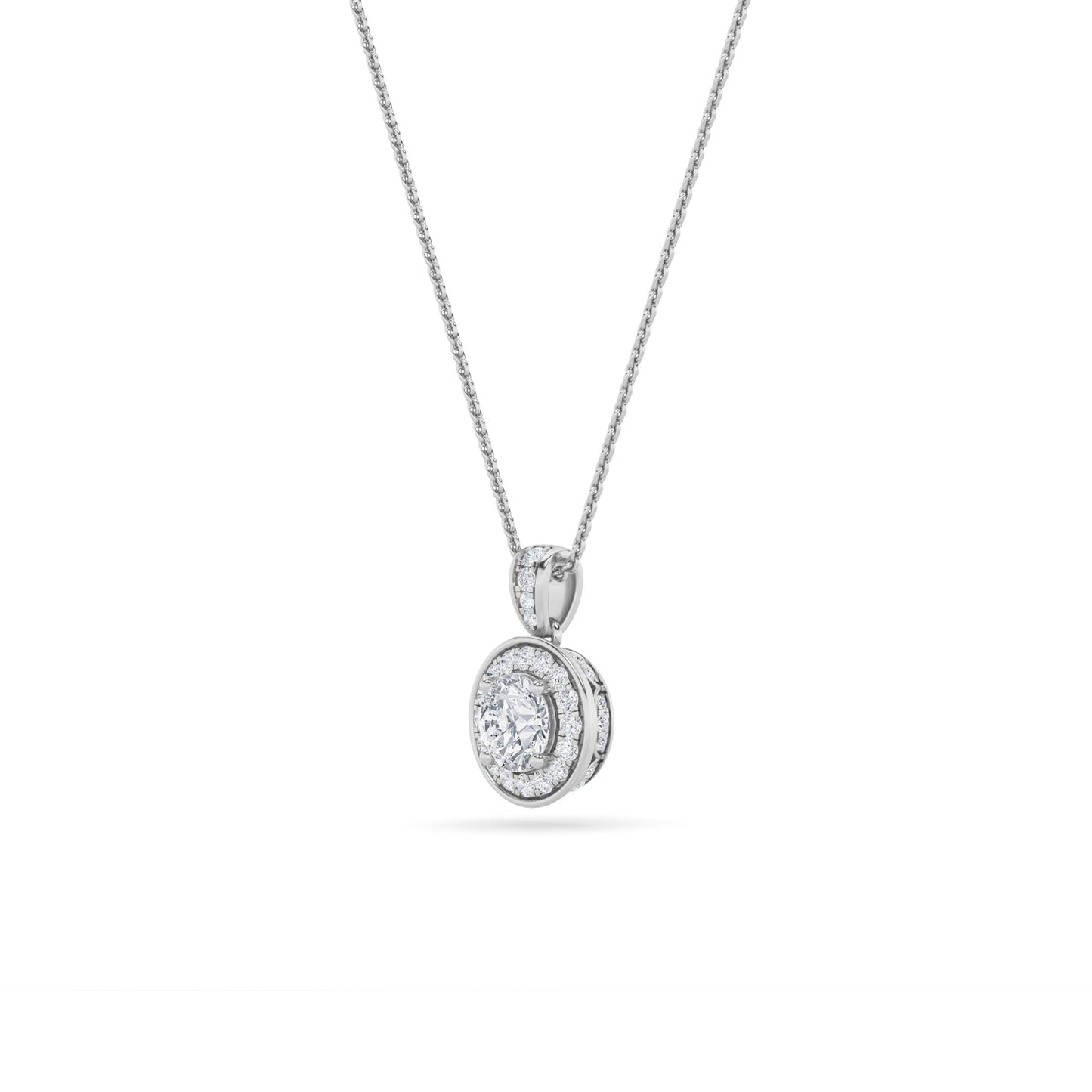 0.75 Ct Round (F/VS) Lab Grown Diamond Prong 14K White Gold Classic Halo Solitaire Pendant Necklace