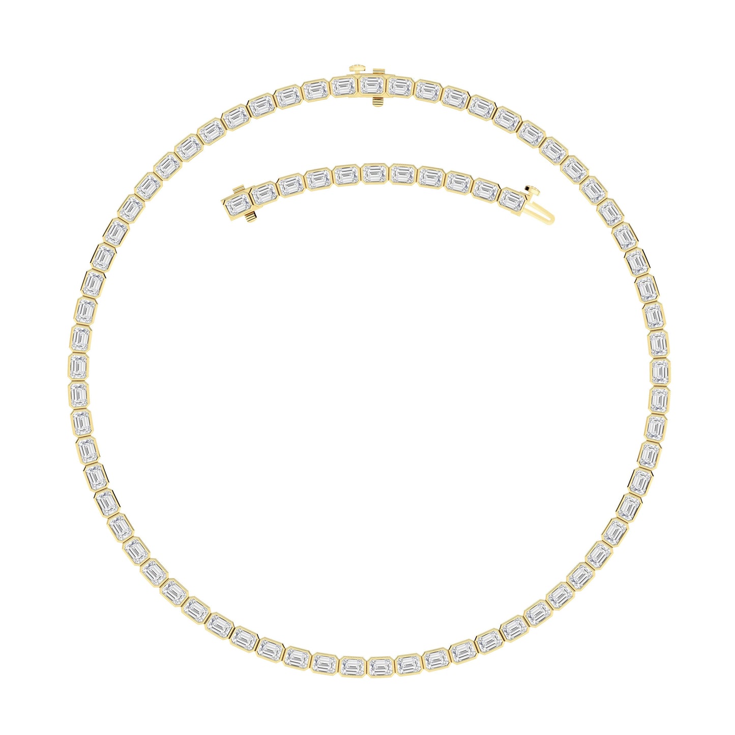 30.0 Ct Emerald (F/VS) Lab Grown Diamond Bezel 14K Yellow Gold Classic Eternity Tennis Necklace