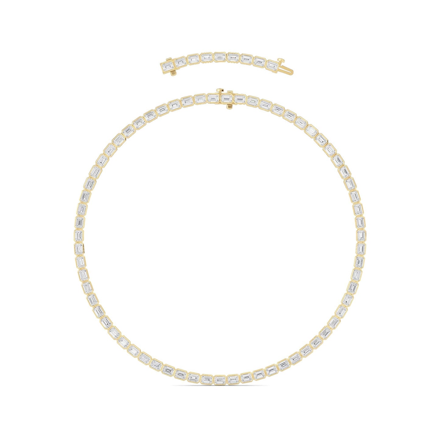 30.0 Ct Emerald (F/VS) Lab Grown Diamond Bezel 14K Yellow Gold Classic Eternity Tennis Necklace