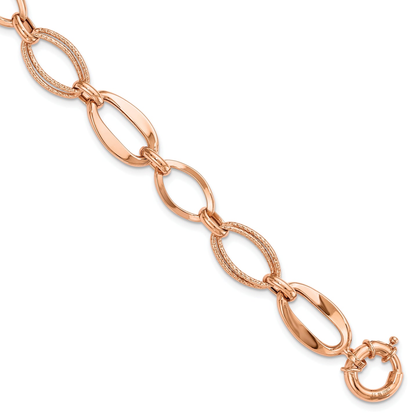 10K Rose Gold Textured & Polished Open Marquise Link Spring Ring Chain Bracelet