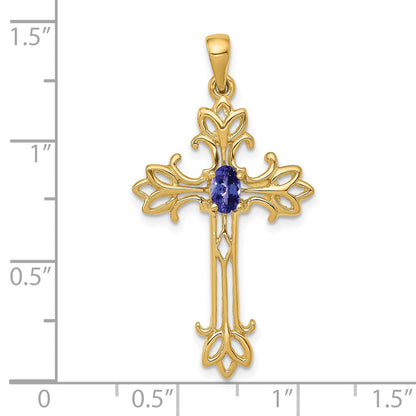 10K Yellow Gold Oval Natural Tanzanite Cross Pendant