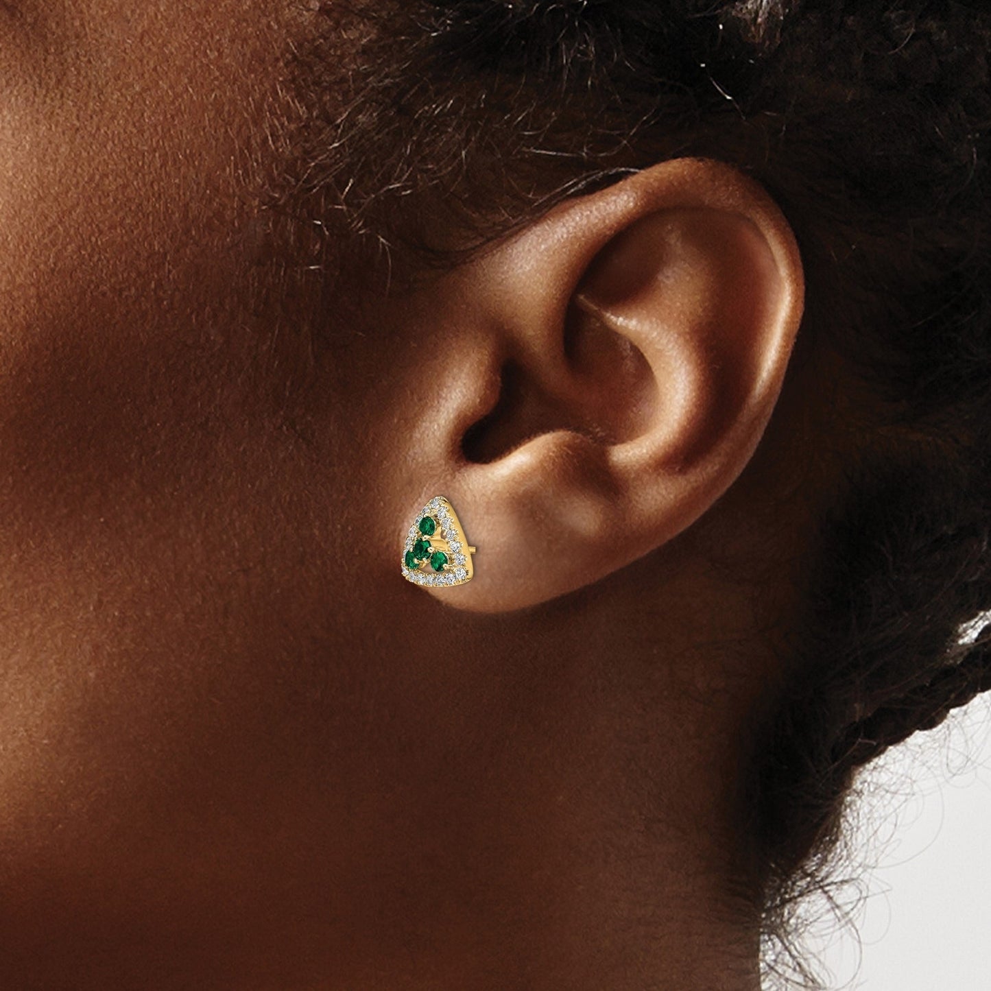 14k Gold Lab Grown Diamond & Created Emerald Triangle Stud Earrings 3.75 Ct