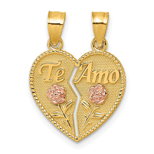 14k Gold TE AMO And Roses Break-Apart Heart Pendant