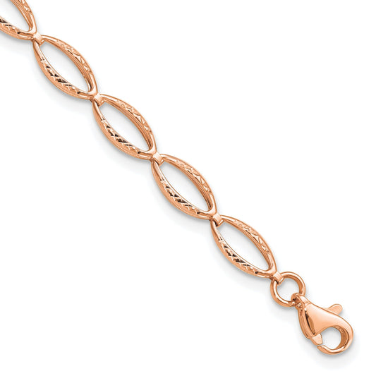 14k Rose Gold Diamond-Cut Open Marquise Fancy Link Lobster Clasp Chain Bracelet