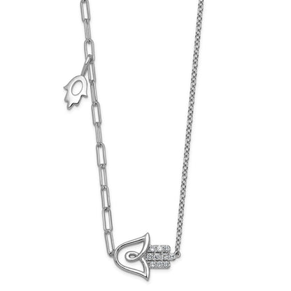 0.15 Ct Round White Lab Diamond Prong 14K White Gold Hamsa Hand Paperclip Cable Chain Necklace