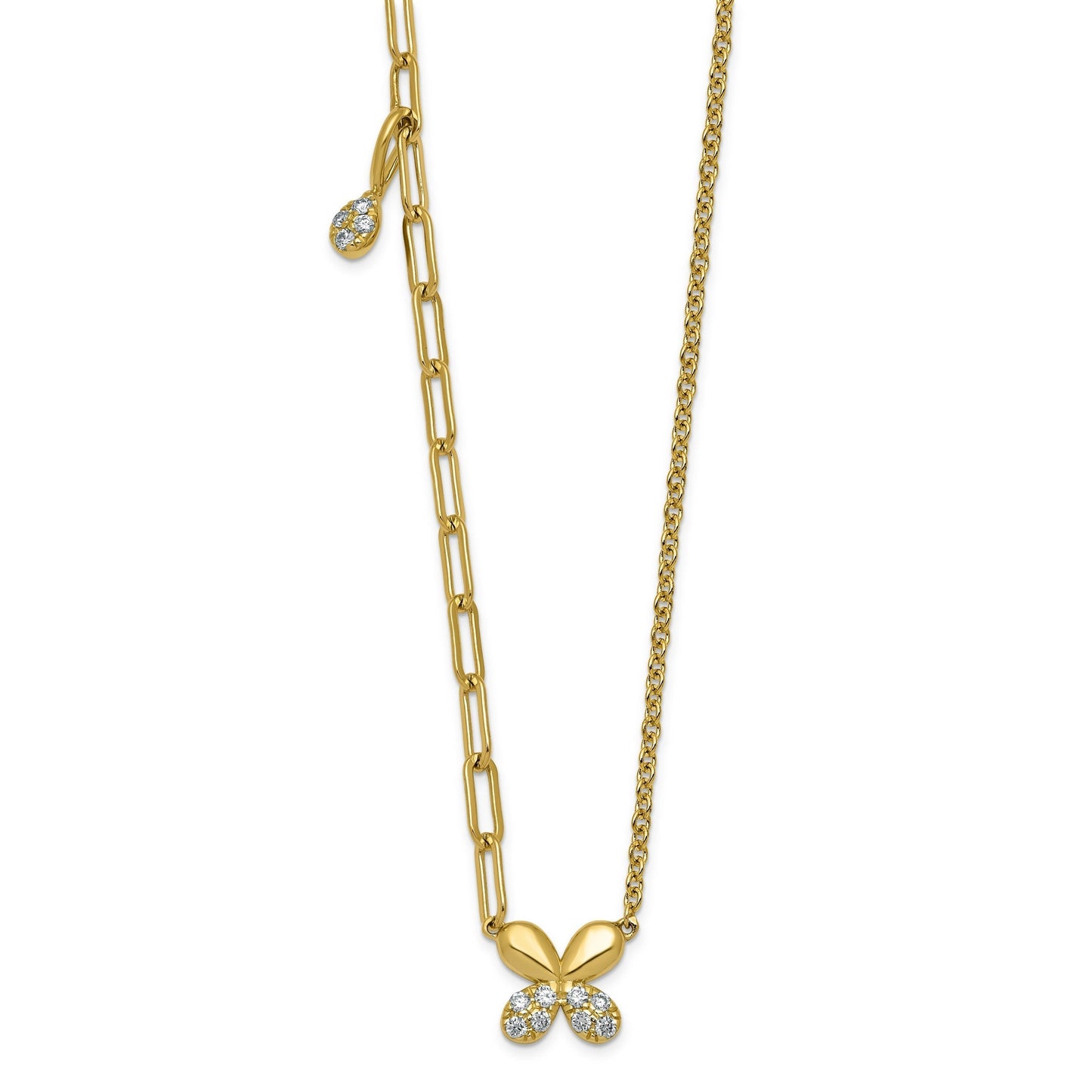0.13 Ct Lab Diamond Pave 14K Yellow Gold Butterfly Paperclip cable Chain Necklace