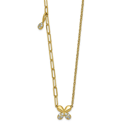 0.13 Ct Lab Diamond Pave 14K Yellow Gold Butterfly Paperclip cable Chain Necklace