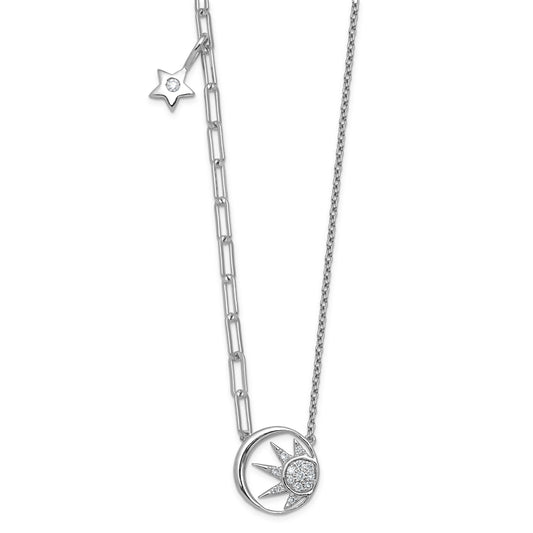 0.10 Ct Round White Lab Grown Diamond Prong 14K White Gold Sun & Star Paperclip Cable Chain Necklace