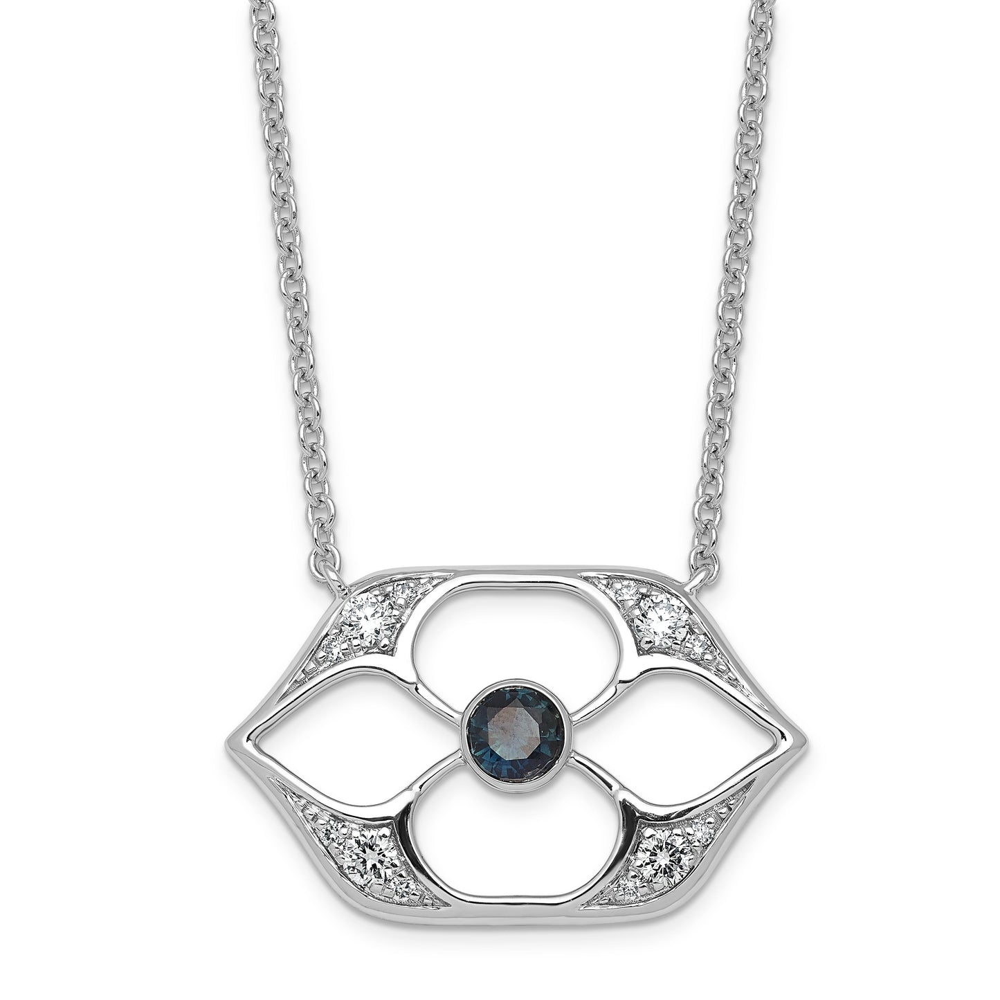 0.26 CT Lab Diamond & Sapphire Pave 14k White Gold Filigree Openwork Flower Pendant Necklace