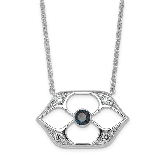 0.26 CT Lab Diamond & Sapphire Pave 14k White Gold Filigree Openwork Flower Pendant Necklace