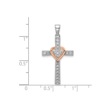 14k Two Tone Rose and White Gold Lab Grown Diamond Cross with Heart Pendant