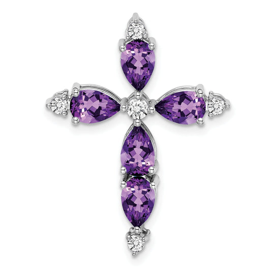 14k White Gold Natural Pear Amethyst Diamond Cross Pendant
