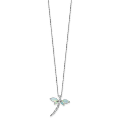 Lab Created Opal and CZ Dragonfly Necklace Sterling Silver