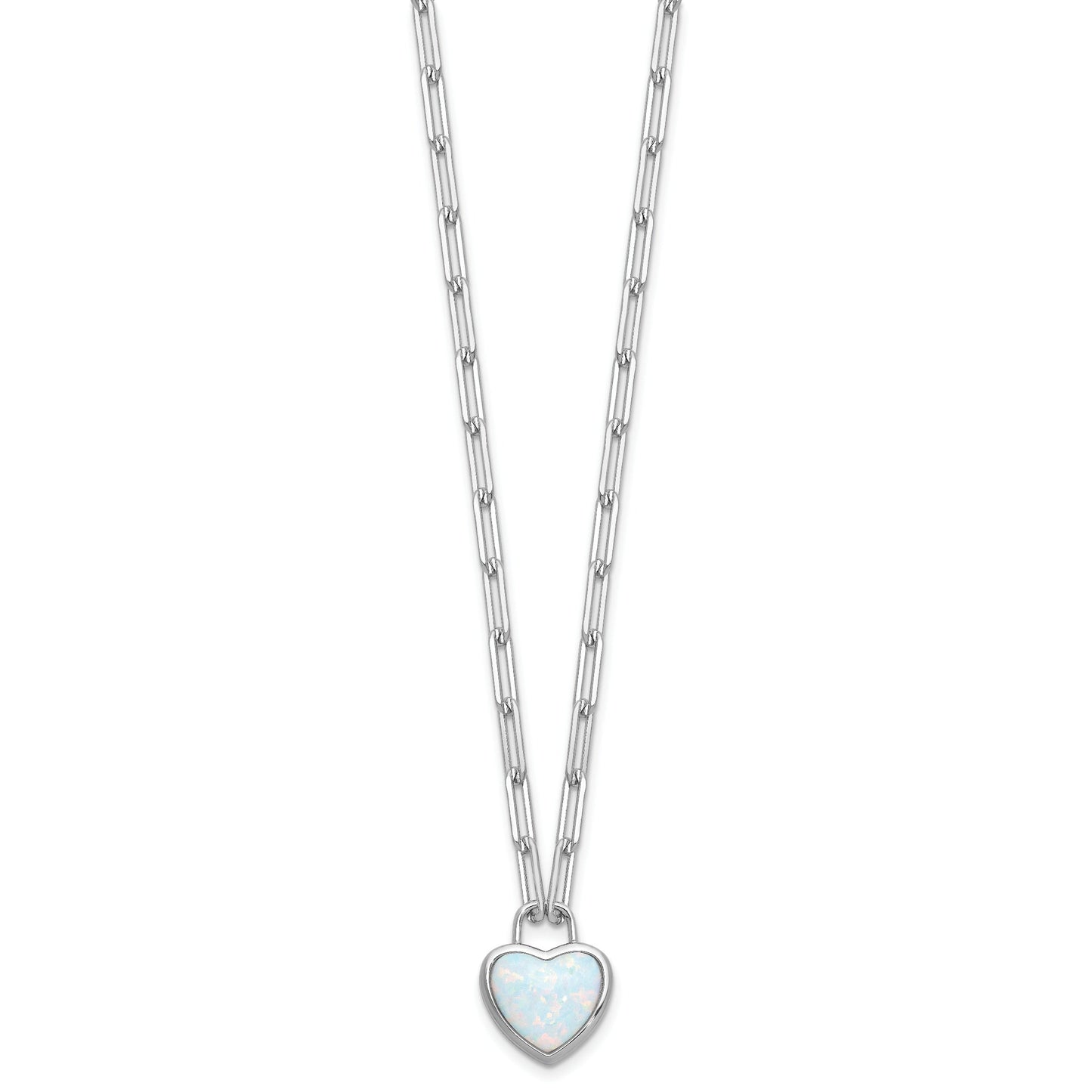 Sterling Silver Created Opal Heart Paperclip Link Necklace