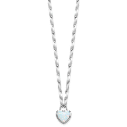Sterling Silver Created Opal Heart Paperclip Link Necklace