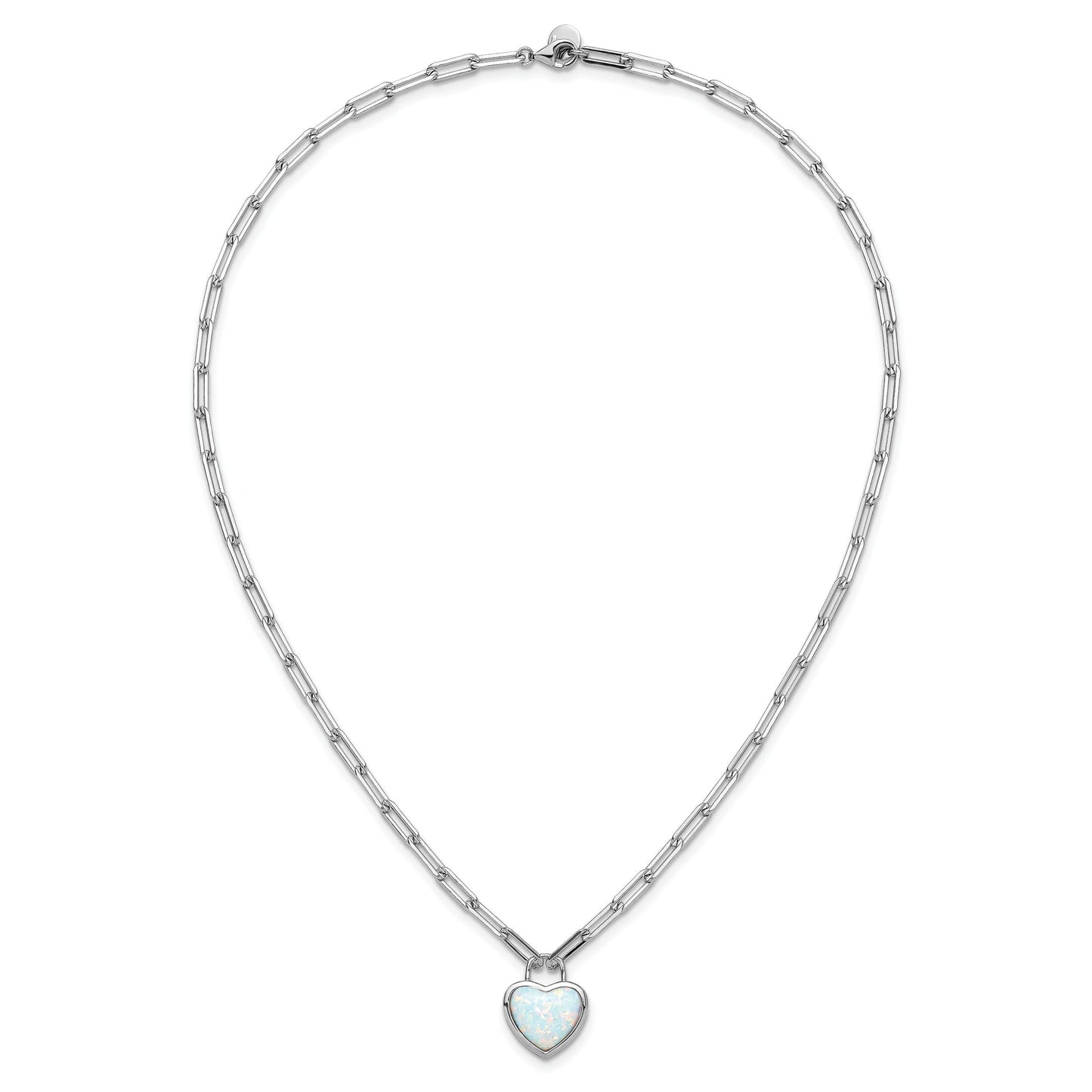 Sterling Silver Created Opal Heart Paperclip Link Necklace