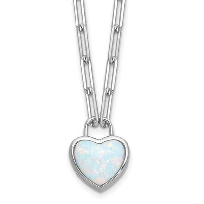 Sterling Silver Created Opal Heart Paperclip Link Necklace