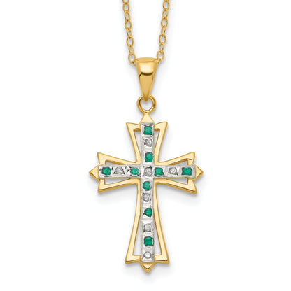 Silver Natural Diamond and Emerald Cross Necklace