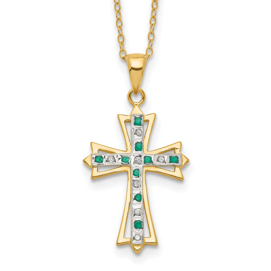 Silver Natural Diamond and Emerald Cross Necklace