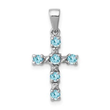 Sterling Silver Natural Blue Sky Blue Topaz and Diamond Cross Pendant