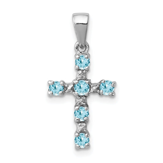 Sterling Silver Natural Blue Sky Blue Topaz and Diamond Cross Pendant