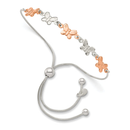 Two-Tone Rhodium and Rose Gold Plated Silver Alternating Butterfly Link Adjustable Slider Bolo Bracelet