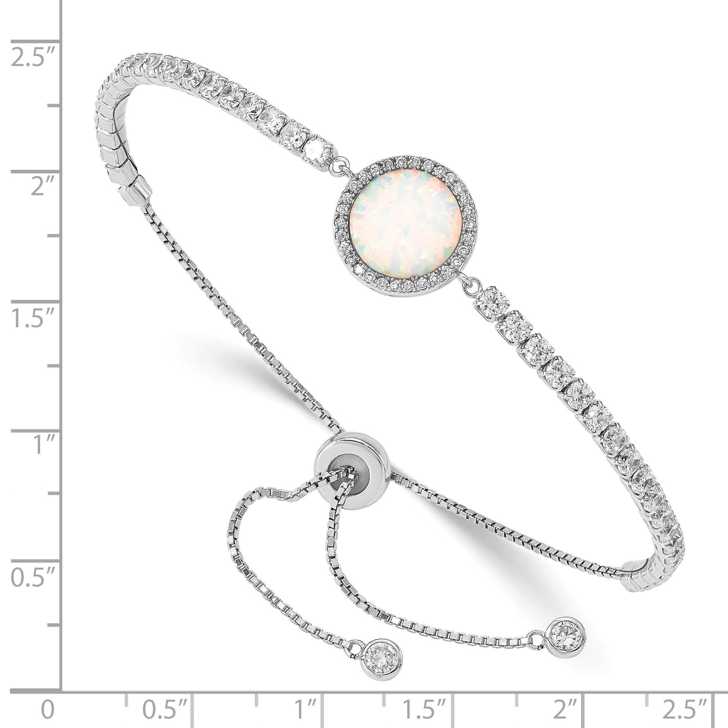 Round White Created Opal & CZ Halo Prong Sterling Silver Adjustable Bolo Bracelet