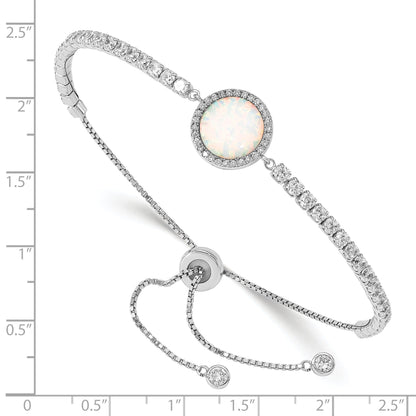 Round White Created Opal & CZ Halo Prong Sterling Silver Adjustable Bolo Bracelet