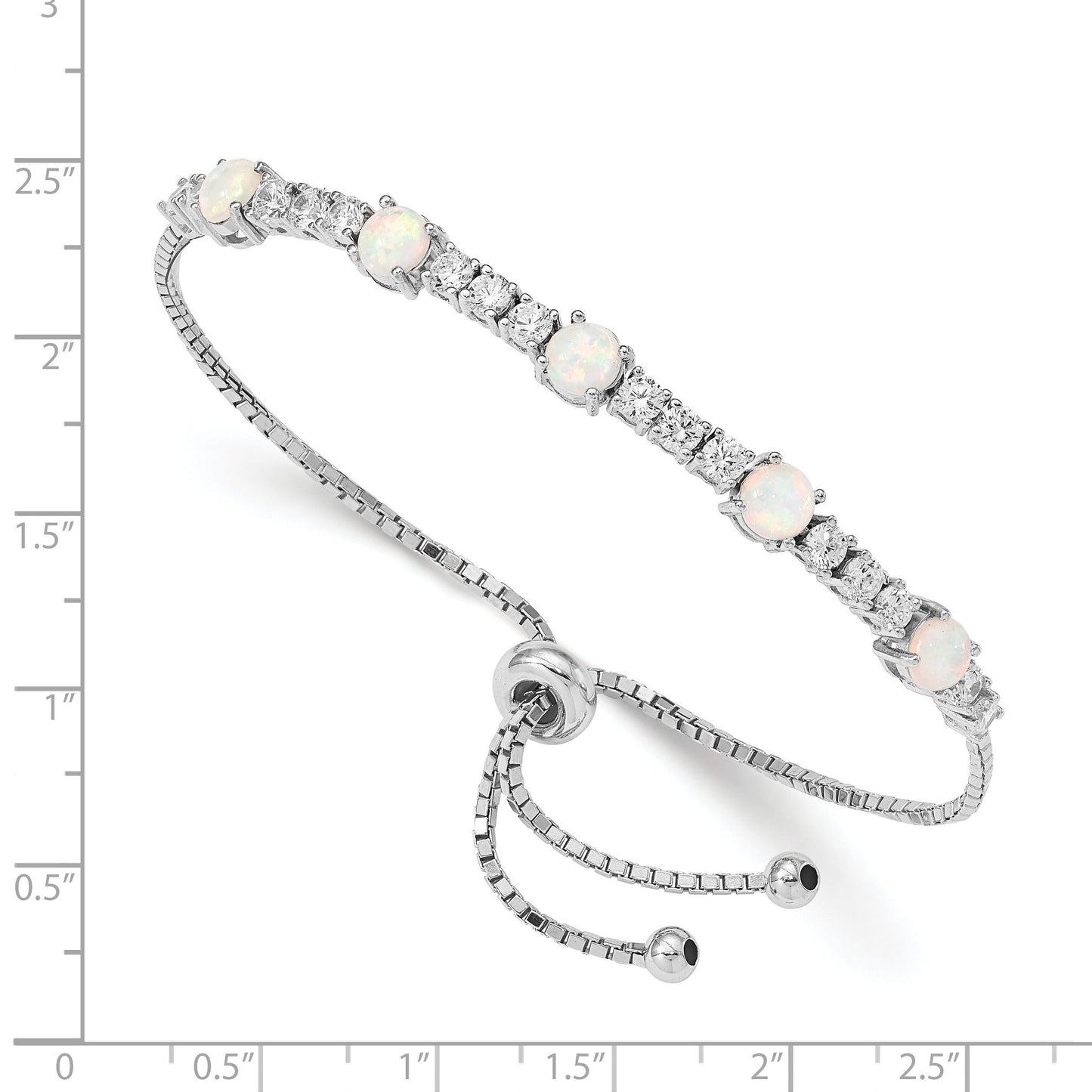 Round White Created Opal & CZ Prong Sterling Silver Adjustable Bolo Bracelet