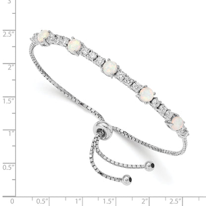 Round White Created Opal & CZ Prong Sterling Silver Adjustable Bolo Bracelet