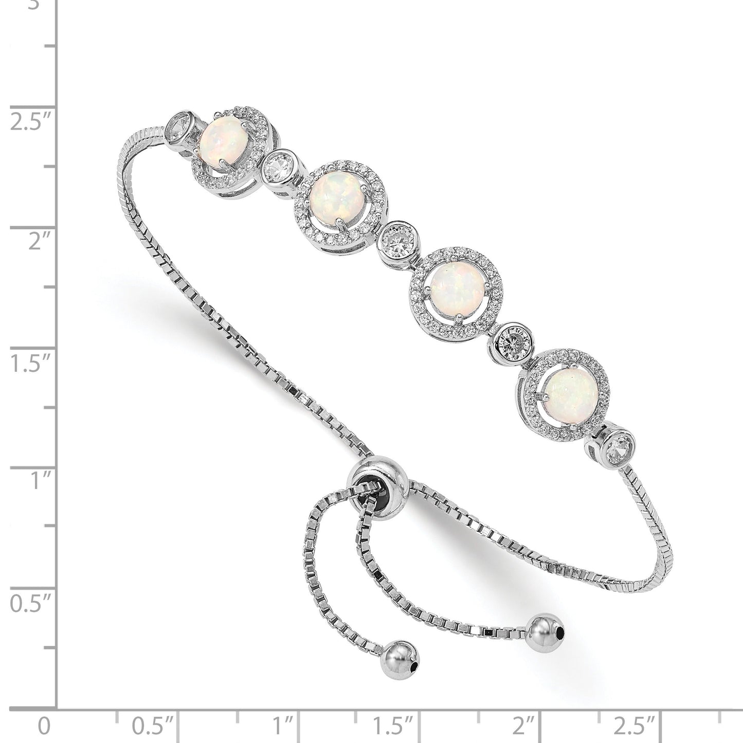 Round White Created Opal & CZ Halo Prong Sterling Silver Adjustable Bolo Bracelet