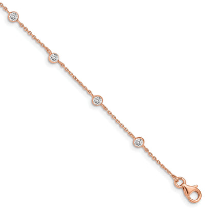 Round White Cubic Zirconia Bezel Rose Gold over Silver Station Chain with Heart Charm Extender Link Bracelet