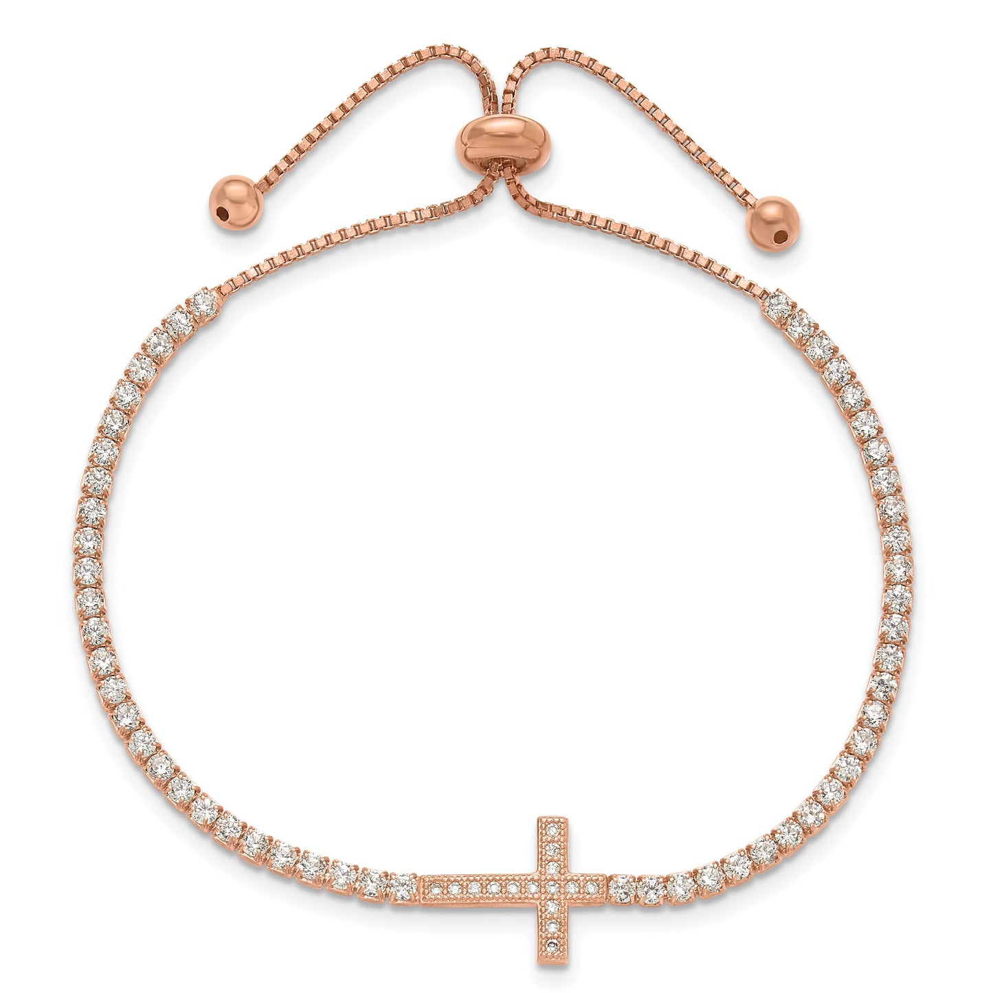 Round White Cubic Zirconia Prong Rose Gold over Silver Sideways Cross Adjustable Slider Bolo Bracelet