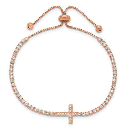 Round White Cubic Zirconia Prong Rose Gold over Silver Sideways Cross Adjustable Slider Bolo Bracelet