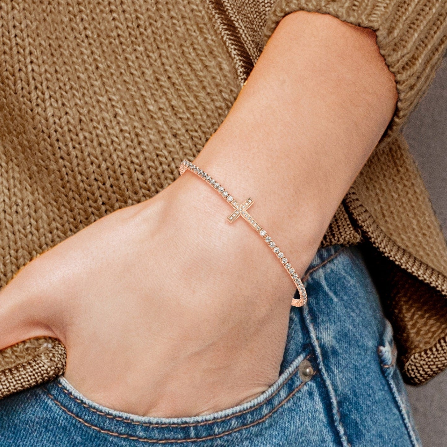 Round White Cubic Zirconia Prong Rose Gold over Silver Sideways Cross Adjustable Slider Bolo Bracelet