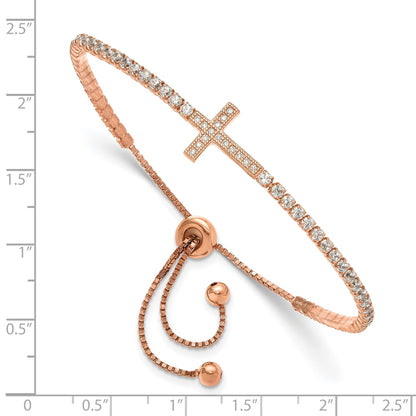 Round White Cubic Zirconia Prong Rose Gold over Silver Sideways Cross Adjustable Slider Bolo Bracelet