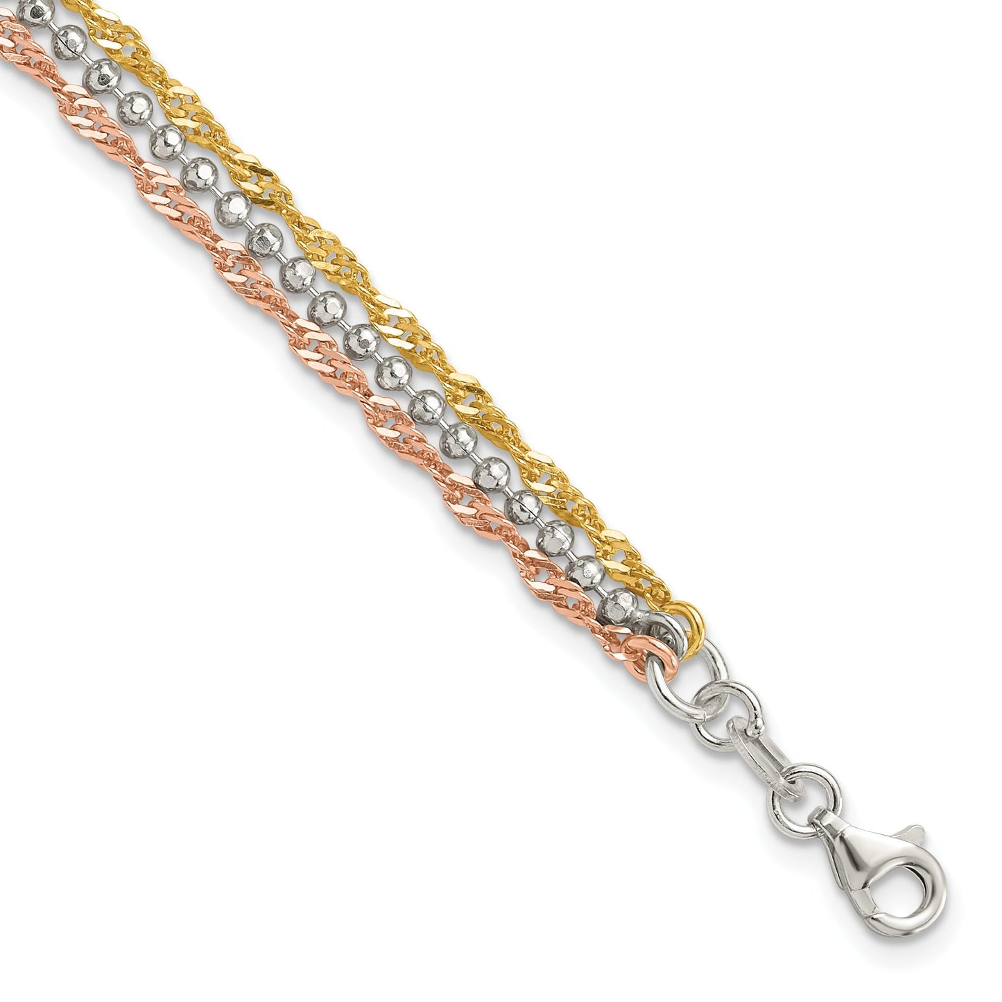 Tri-Tone Gold Plated Silver 3-Strand Diamond-Cut Bead & Twisted Fancy Link Lobster Clasp Chain Bracelet