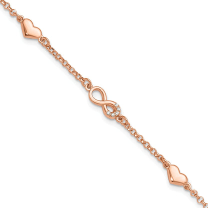 Round White Cubic Zirconia Prong Rose Gold Plated Silver Infinity & Heart Station Link Bracelet