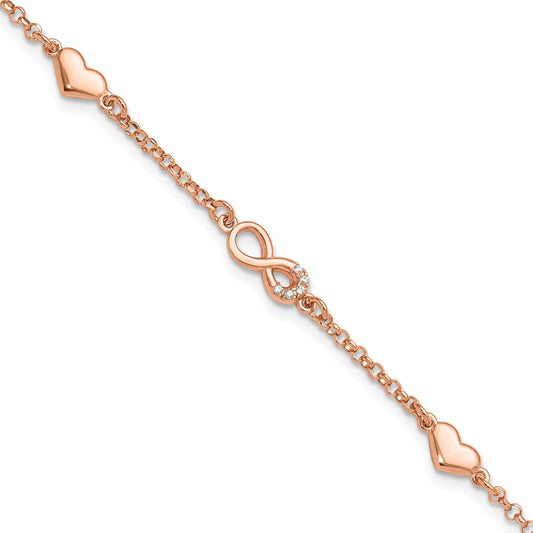 Round White Cubic Zirconia Prong Rose Gold Plated Silver Infinity & Heart Station Link Bracelet
