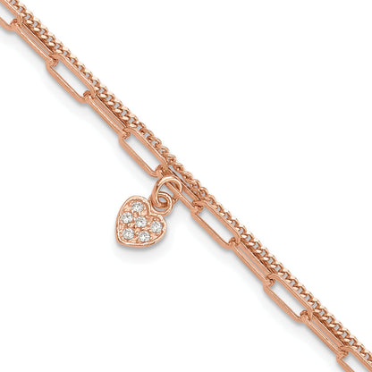 Round White Cubic Zirconia Prong Rose Gold Plated Silver 2-Strand Paperclip & Curb Chain with Pave Heart Charm Link Bracelet