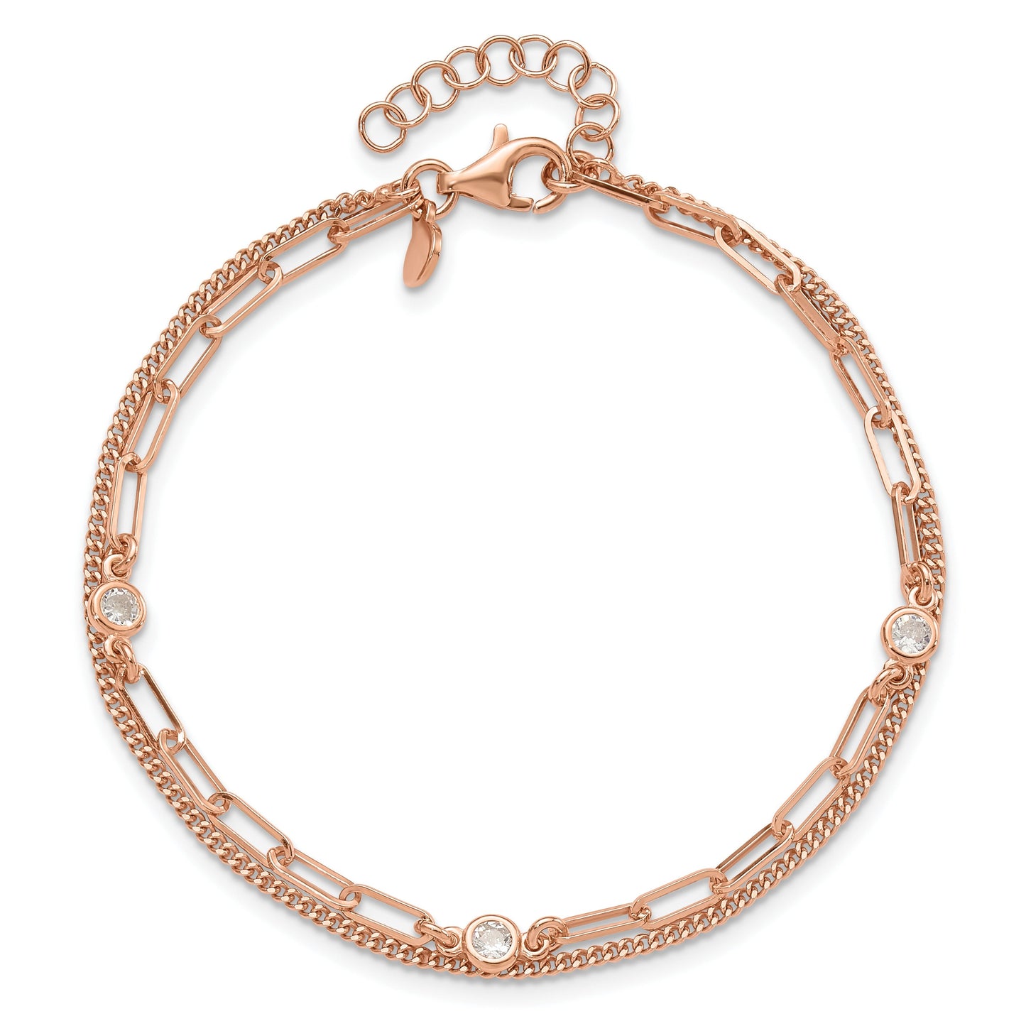 Round White Cubic Zirconia Bezel Rose Gold Plated Silver 2-Strand Paperclip & Curb Chain Station Link Bracelet