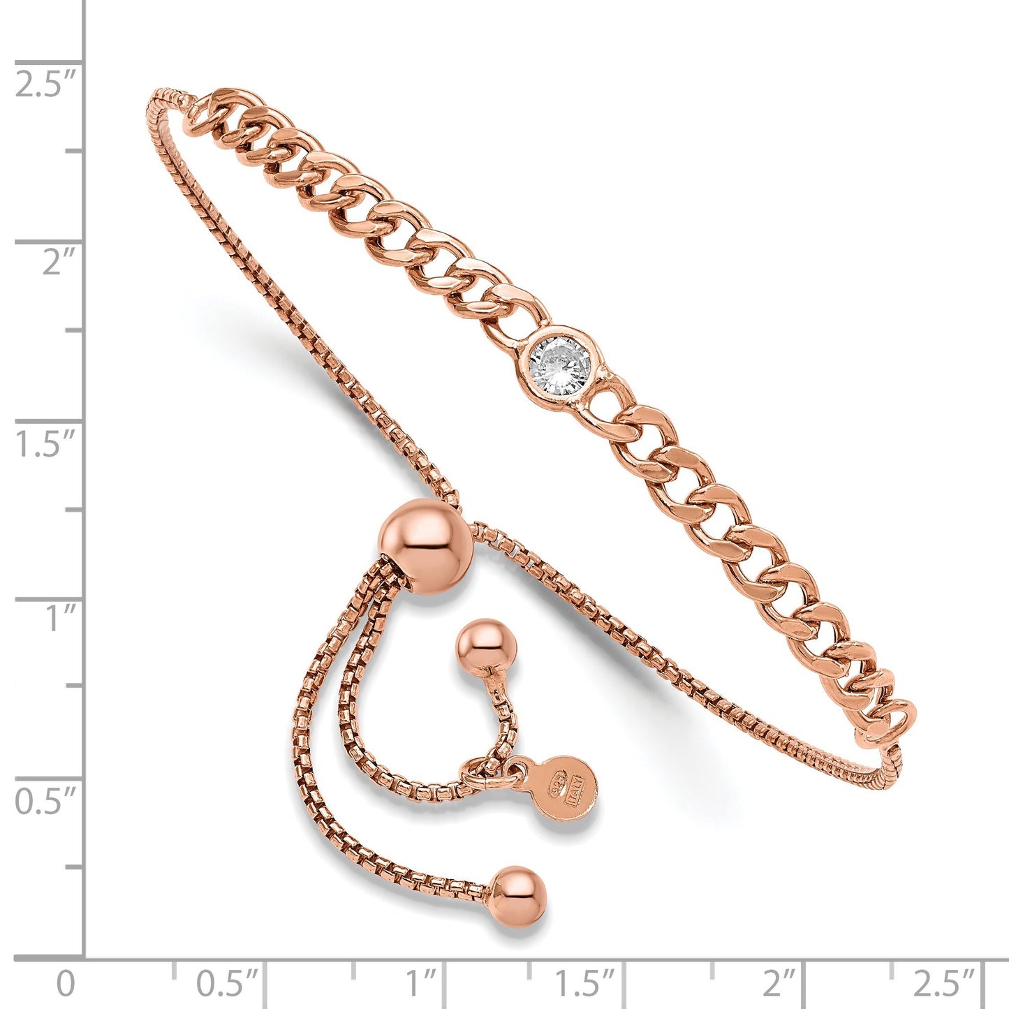 Round White Cubic Zirconia Bezel Rose Gold over Silver Curb Link Chain Adjustable Slider Bolo Bracelet